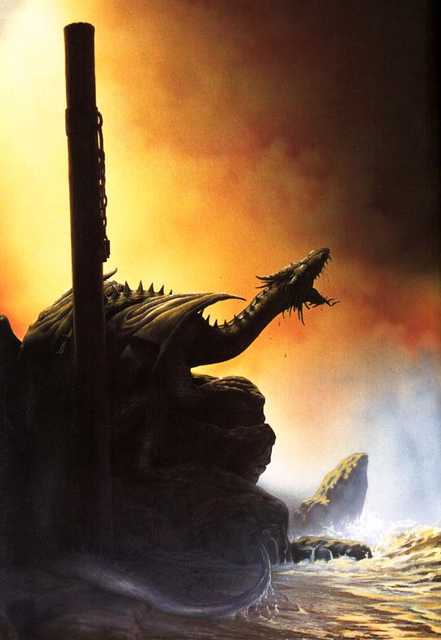 Seaside Sentinel - A dragon stands vigil on a rocky shore, from The Book of the Dragon by artist Ciruelo.