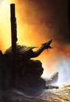 Seaside Sentinel - A dragon stands vigil on a rocky shore, from The Book of the Dragon by artist Ciruelo.