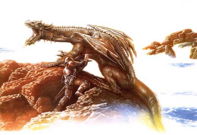Stabbing - A dragon is stabbed by a knight on the beach, from The Book of the Dragon by artist Ciruelo.