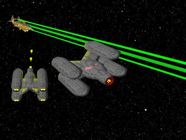 A Chirr'T'Thar fighter engages two Alien interceptors