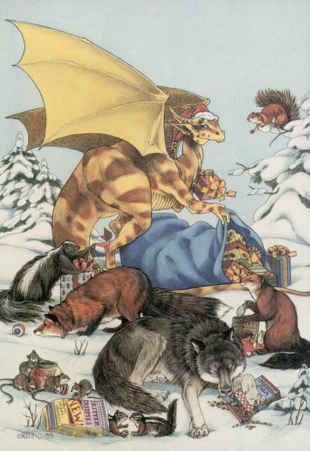 Happy Holidays Everyone! - Santa Dragon hands out treats (my favorite of the bunch, since I really do hand out treats), by Alicia Austin