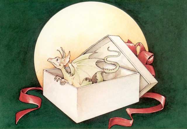 Is It Christmas Yet? - Cute baby dragon popping out of a gift box, by Alicia Austin