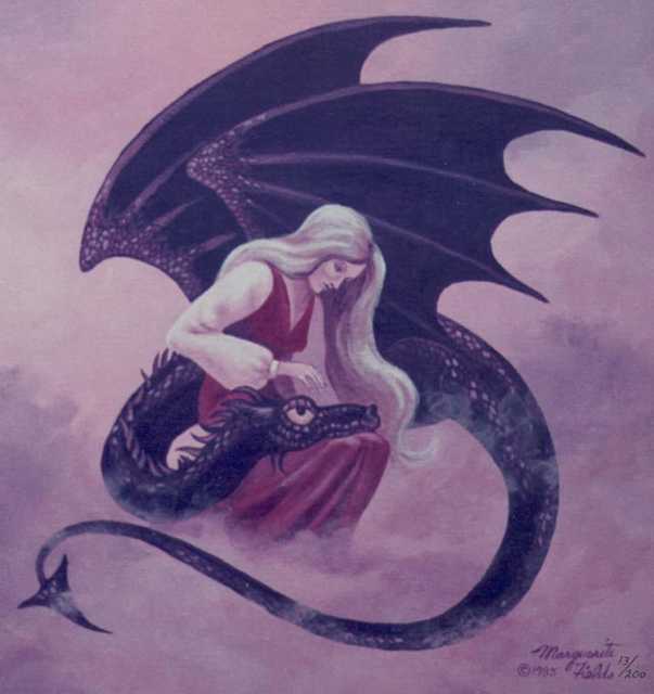 Friendship - A maiden and her dragon, by Marguerite Fields