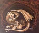 The Hatching - Mother dragon looks on as her baby hatches, by Marguerite Fields