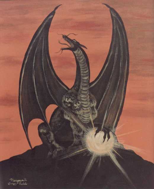 The Moonstone - Dragon poses with a magical orb, by Marguerite Fields
