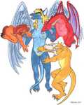 Sketchbook drawing by Jim Groat from Further Confusion 2001, featuring Red Shetland, Stormdragon and Hydra from FurryMUCK
