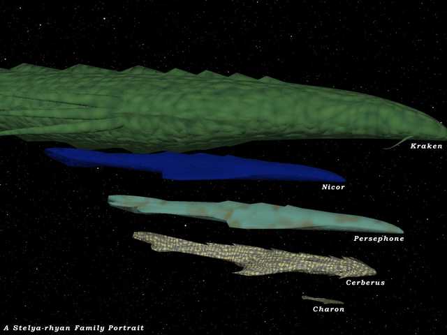 Three generations of Stelya-rhyan: Kraken, Nicor, Persephone, Cerberus, and Charon (1997)
