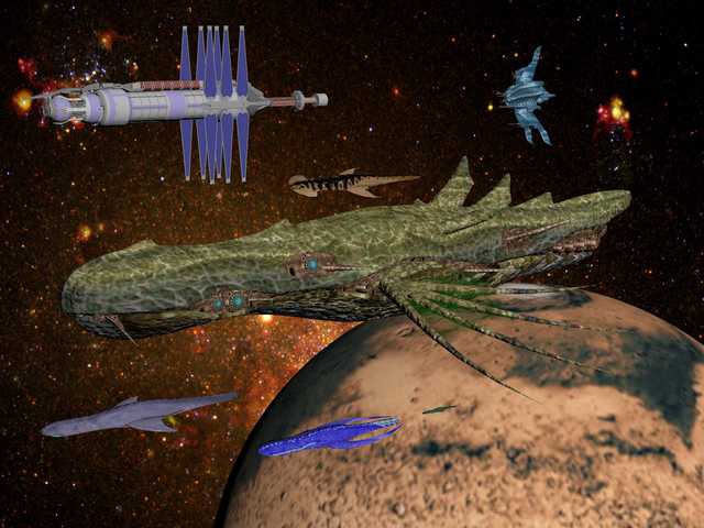 Updated version (2002) of the Stelya-rhyans, with Babylon 5 and a Minbari warship thrown in to show relative scales
