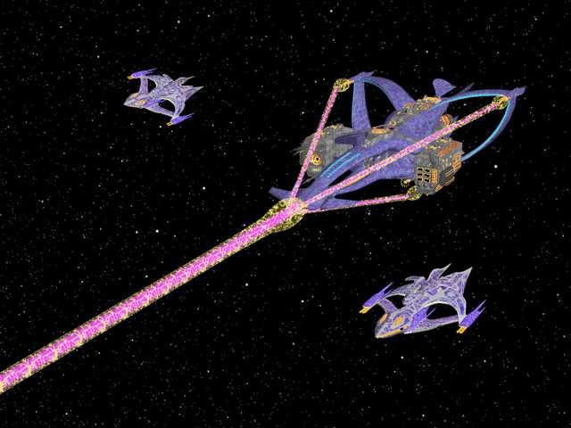The Supernova fires its main gun while being flanked by two Minbari Whitestars