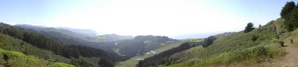 
View of Pacifica from the lookat point at Skyline College, near the juncture of the Mori and Sweeney Ridge trails.