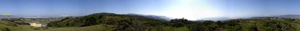
360-degree combined view made from 4 seperate panaromic shots to give a view of the Penninsula from atop Sweeney Ridge in San Bruno. NOTE: this is not the view from the Portola Vista point, that will be a different photo.