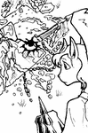 Envoy, atop a statue in the Old Cemetary, notices an odd pattern on the ground and on a ruined wall.
Art by Jordan Greywolf from the log The Ghost of Kame Ikata